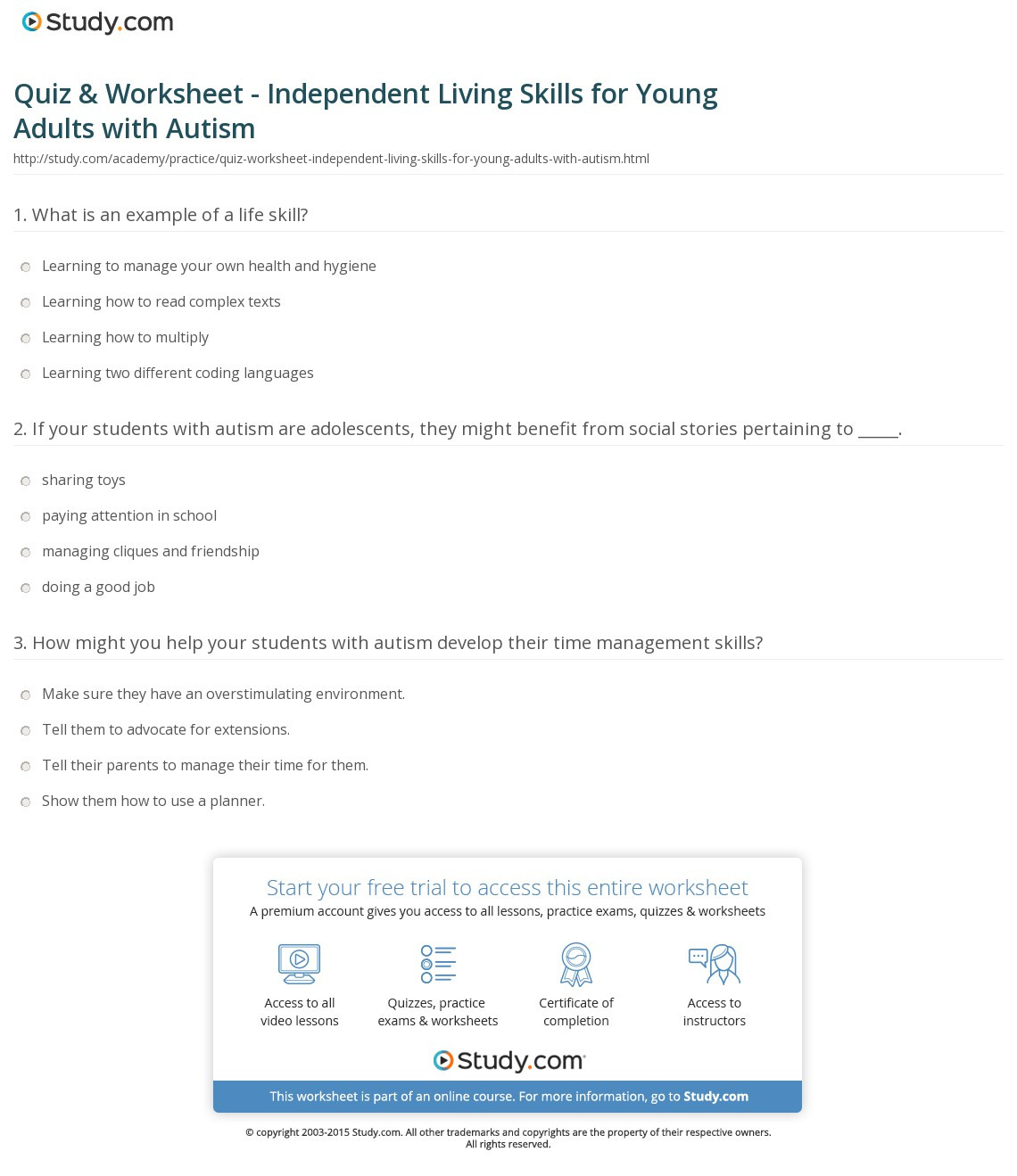 Quiz  Worksheet  Independent Living Skills For Young