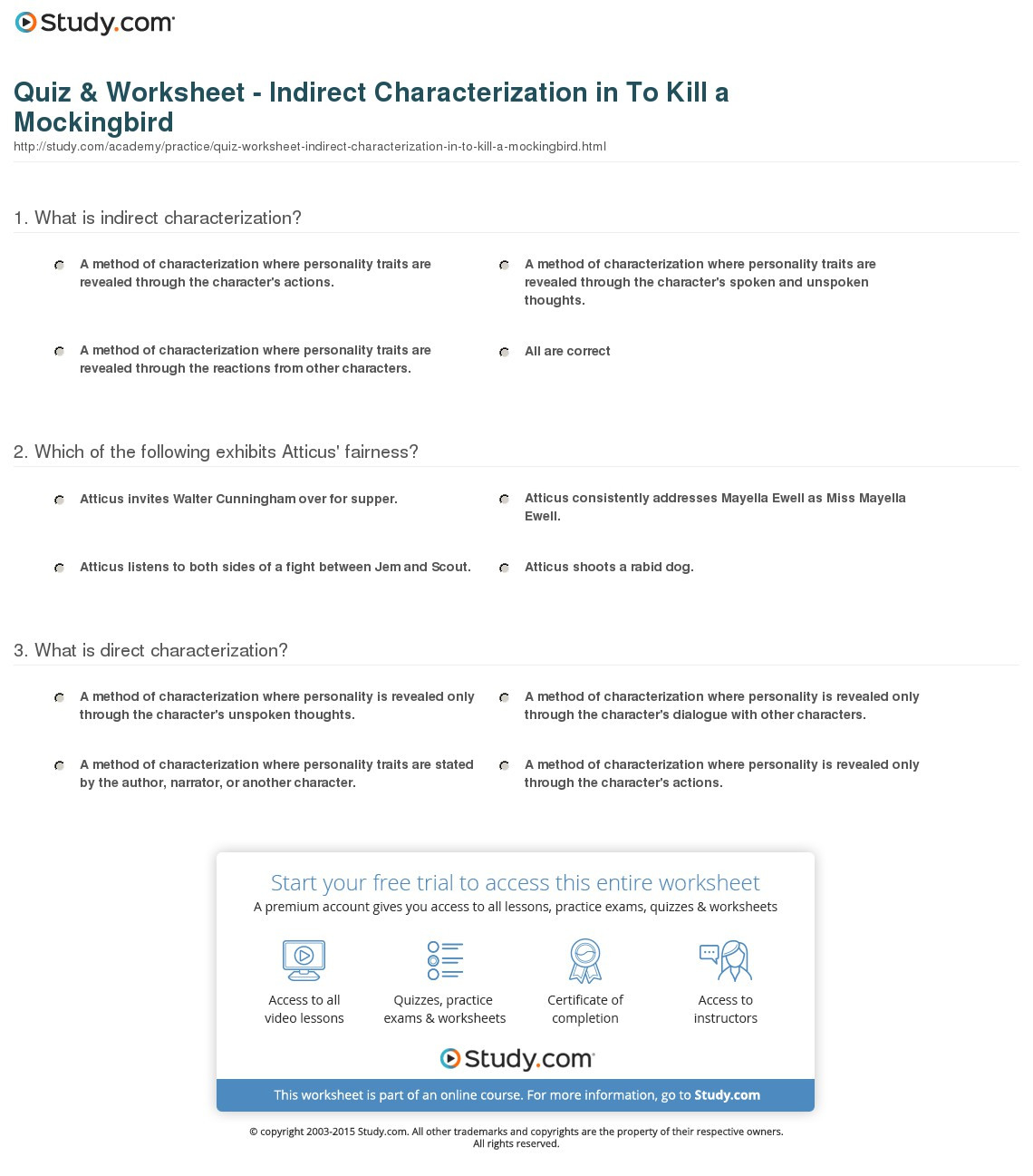 Quiz  Worksheet  Indirect Characterization In To Kill A