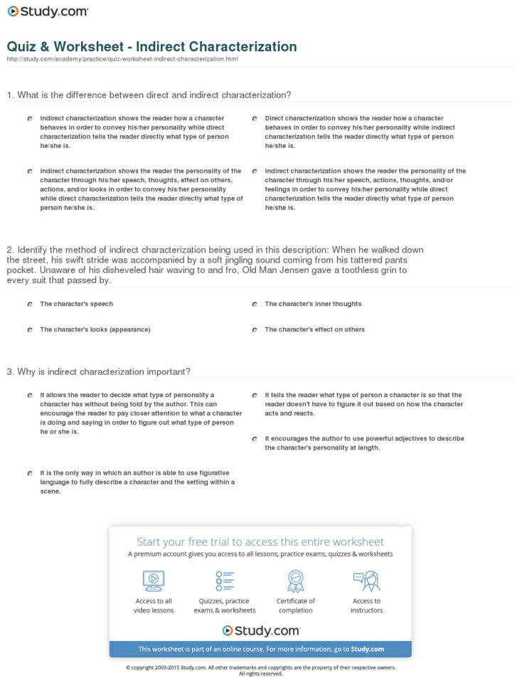 Quiz  Worksheet  Indirect Characterization  Study