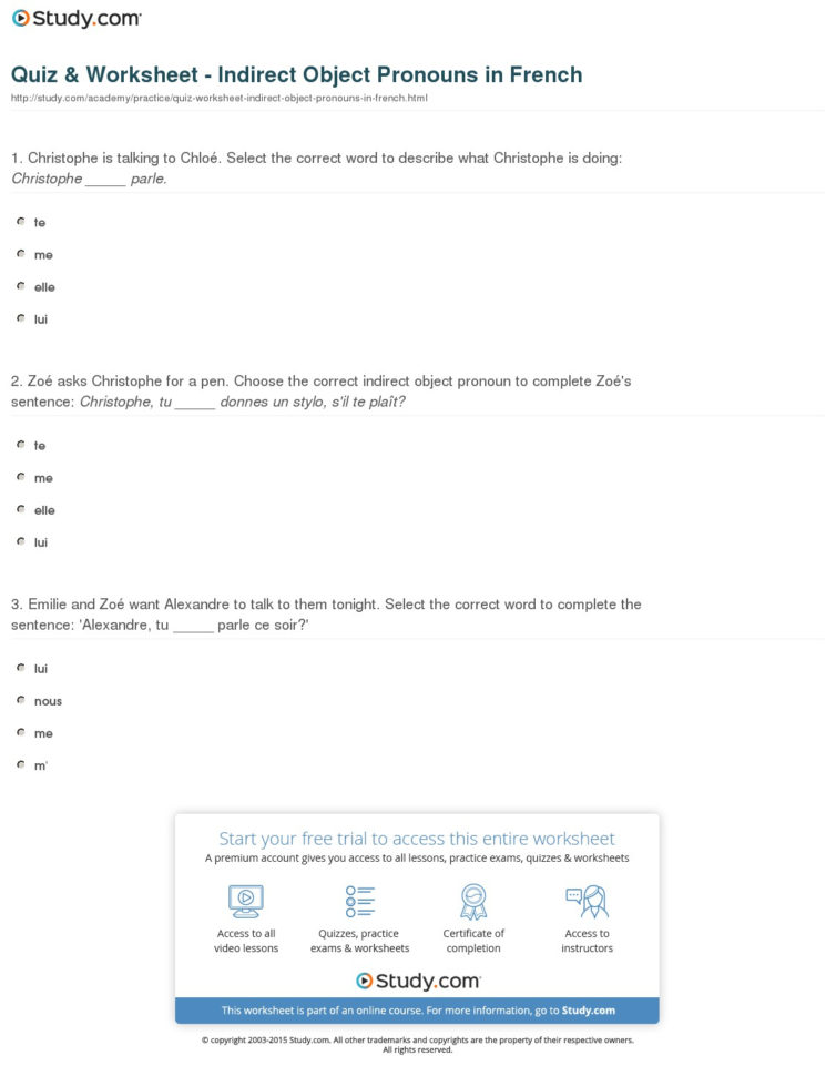 Quiz  Worksheet  Indirect Object Pronouns In French  Study