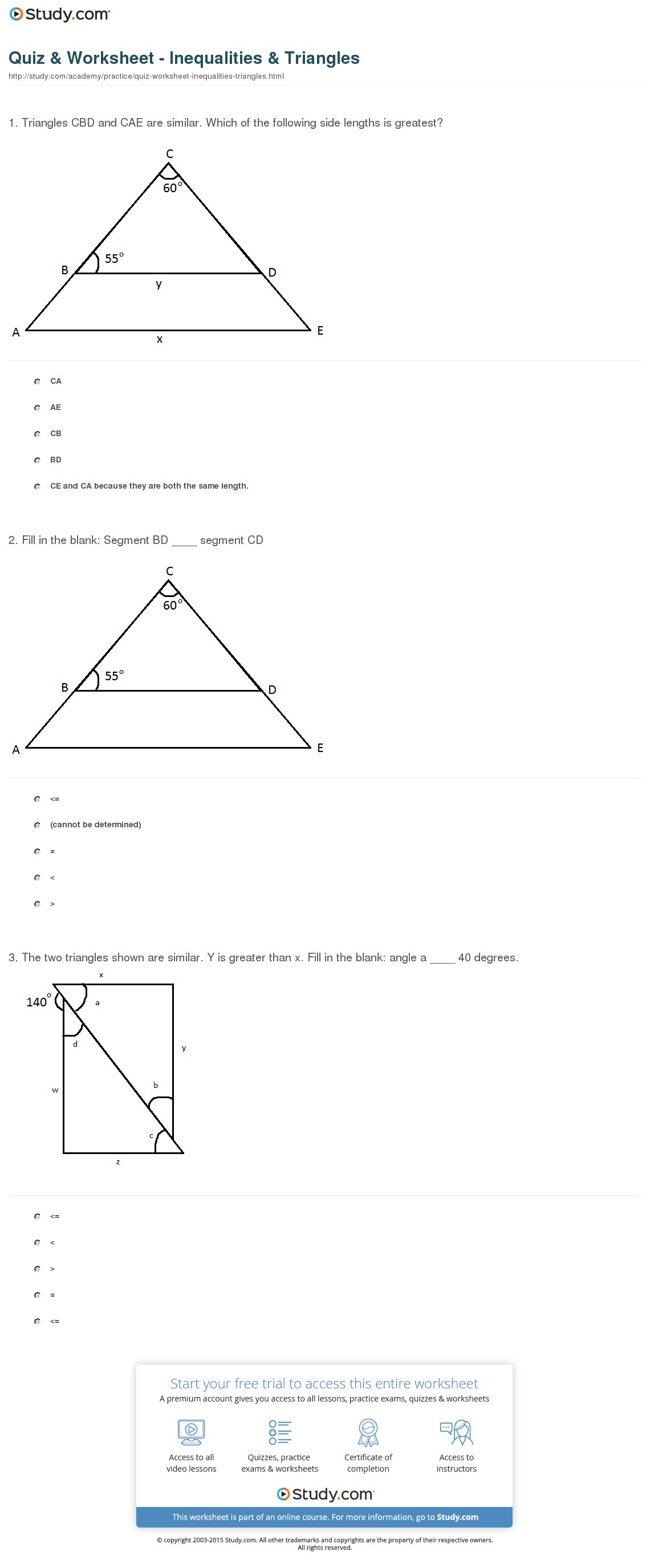 Quiz  Worksheet  Inequalities  Triangles  Study