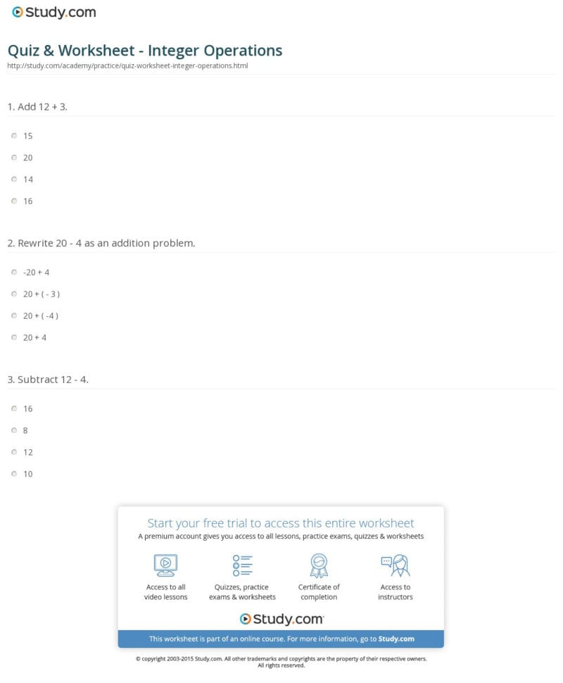Quiz  Worksheet  Integer Operations  Study