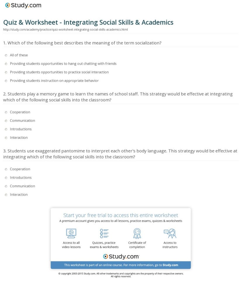 Quiz  Worksheet  Integrating Social Skills  Academics