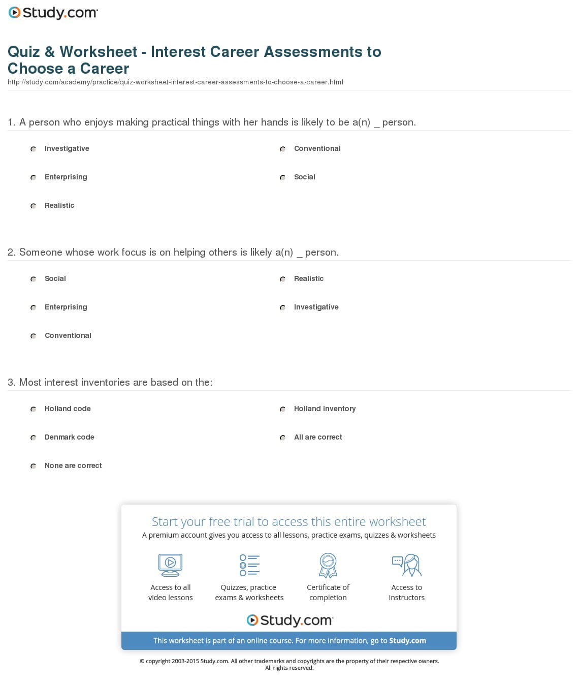 Quiz  Worksheet  Interest Career Assessments To Choose A