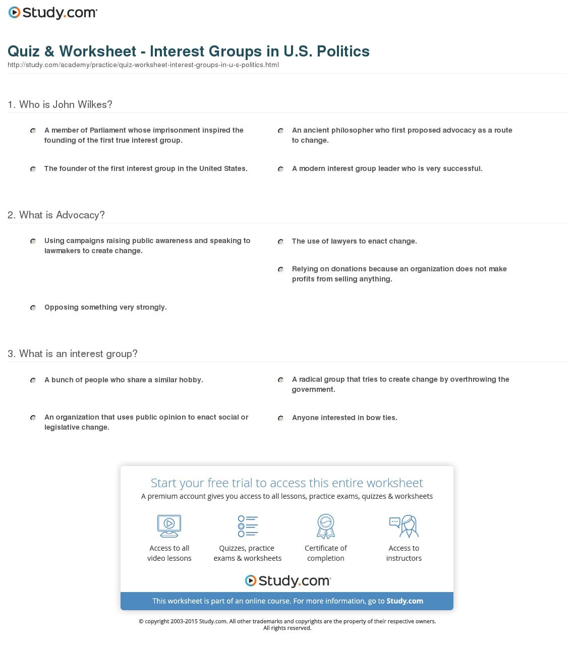 Quiz  Worksheet  Interest Groups In Us Politics  Study