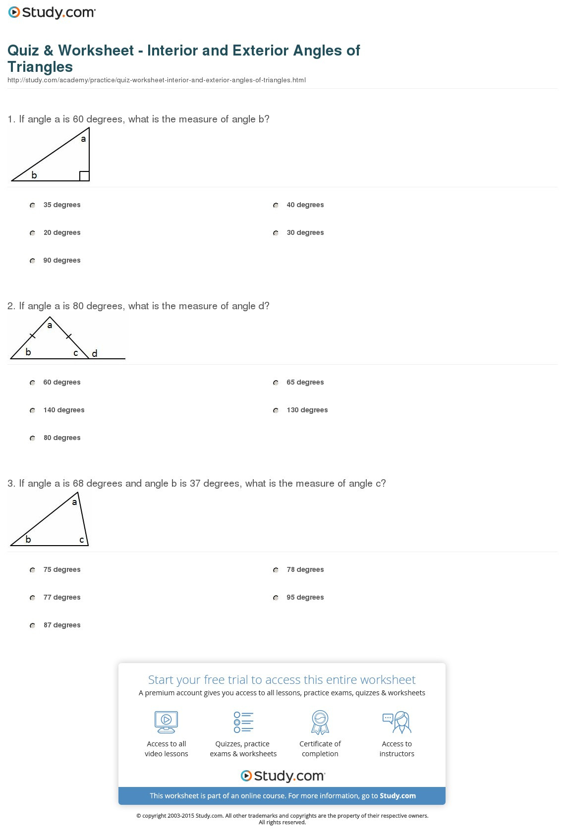 Quiz  Worksheet  Interior And Exterior Angles Of Triangles