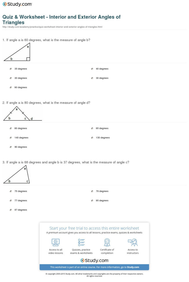 Quiz  Worksheet  Interior And Exterior Angles Of Triangles