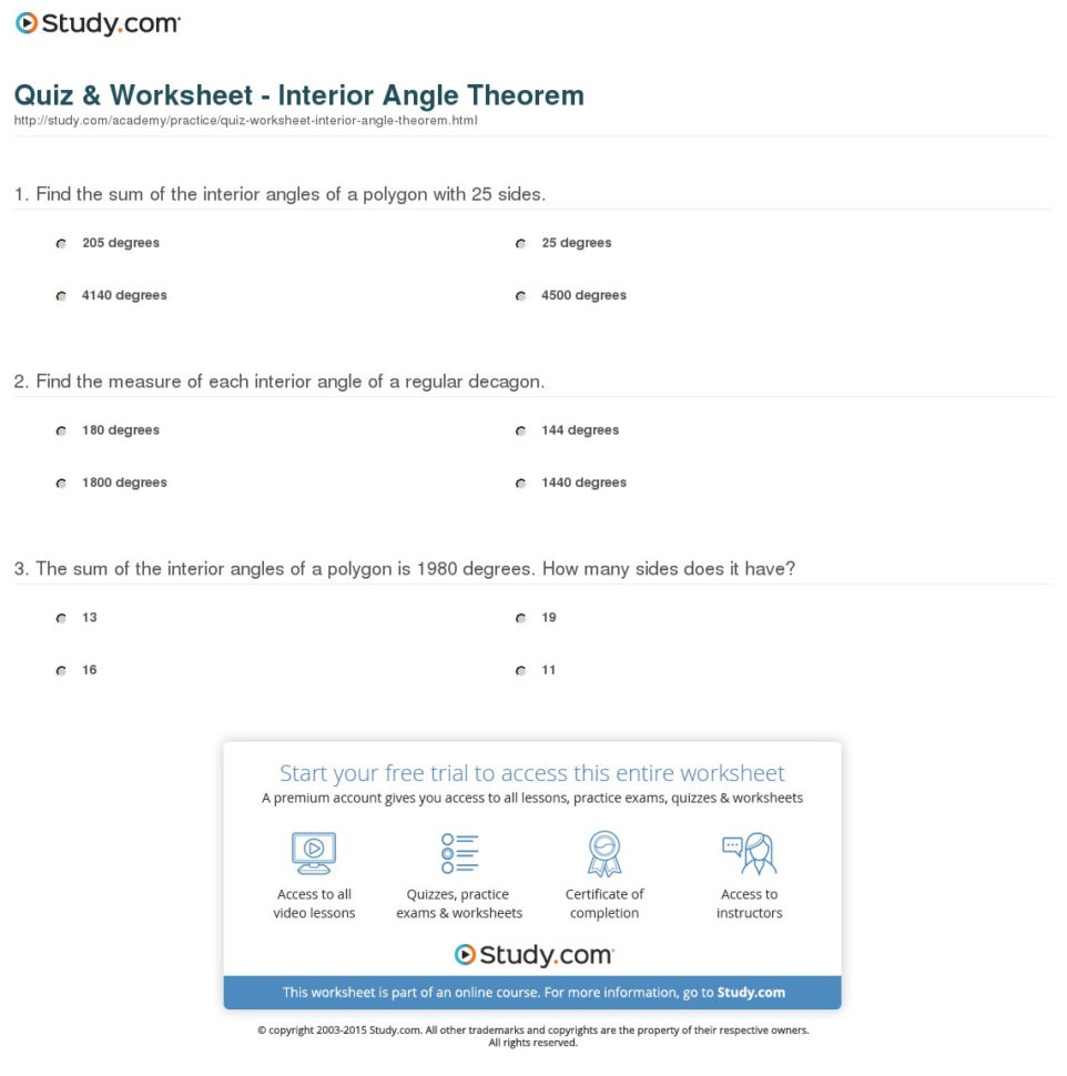 Quiz  Worksheet  Interior Angle Theorem  Study