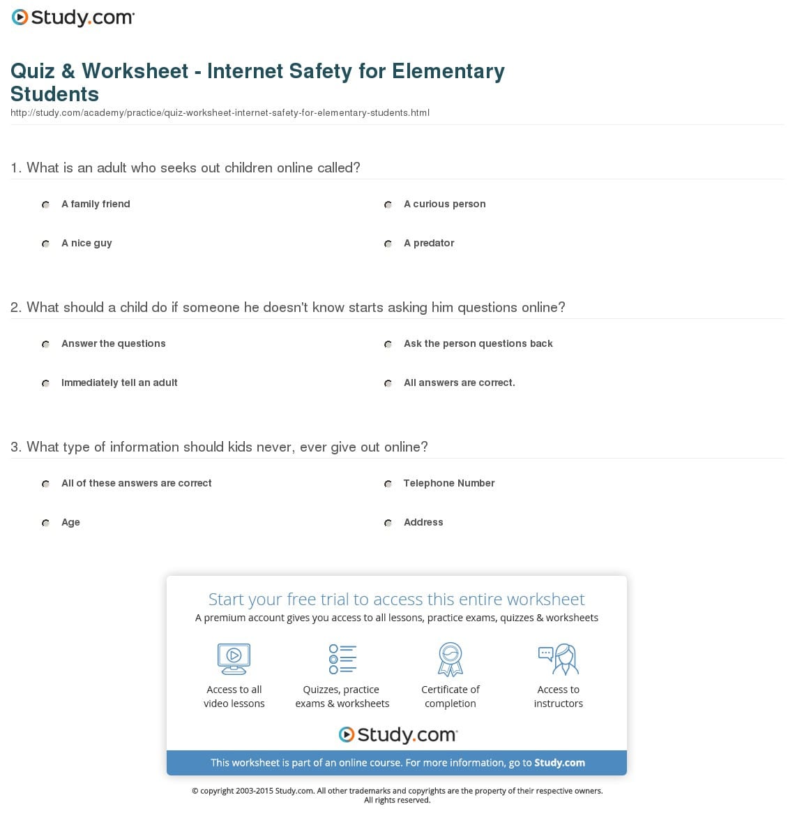 Quiz  Worksheet  Internet Safety For Elementary Students