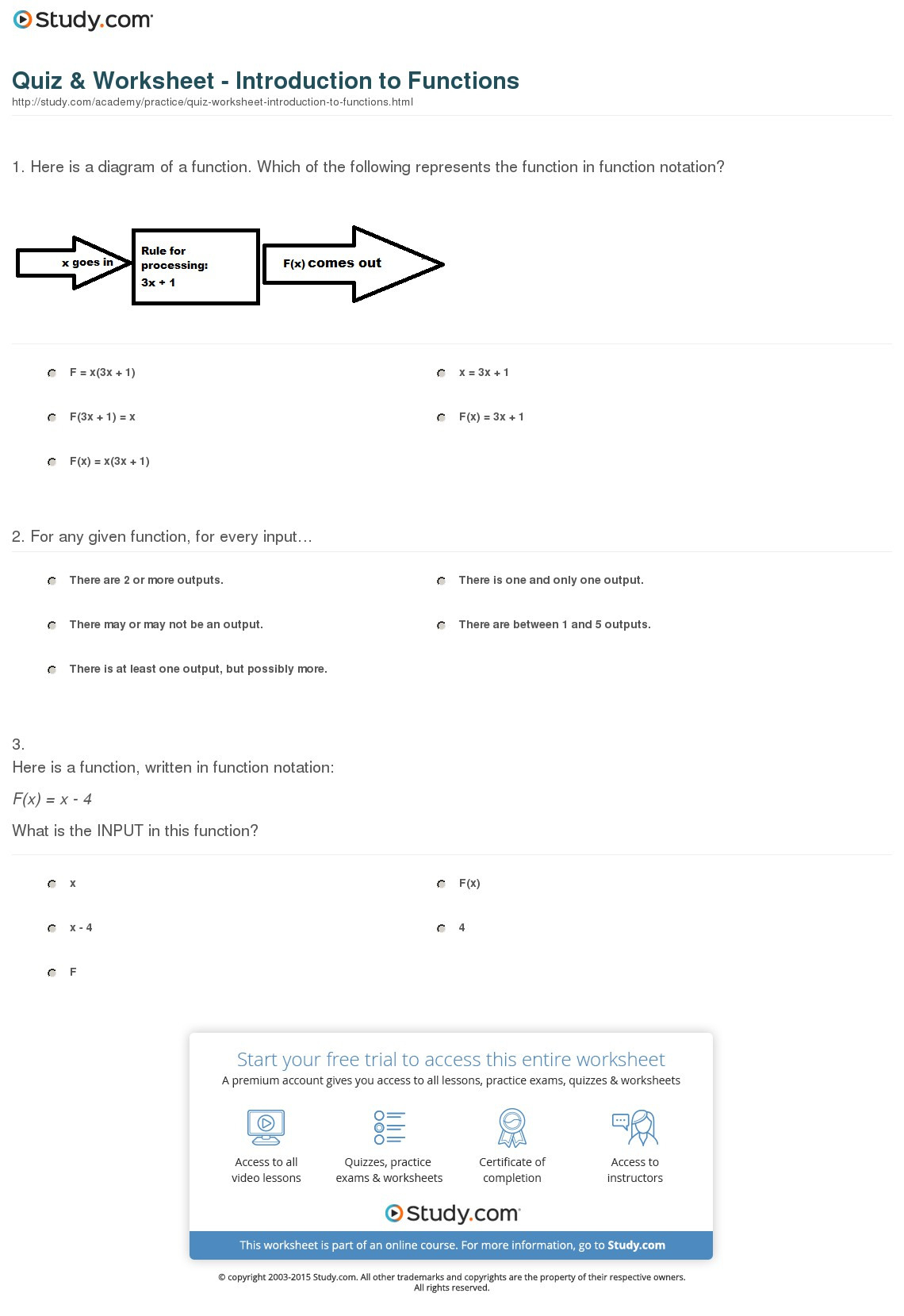 Quiz  Worksheet  Introduction To Functions  Study