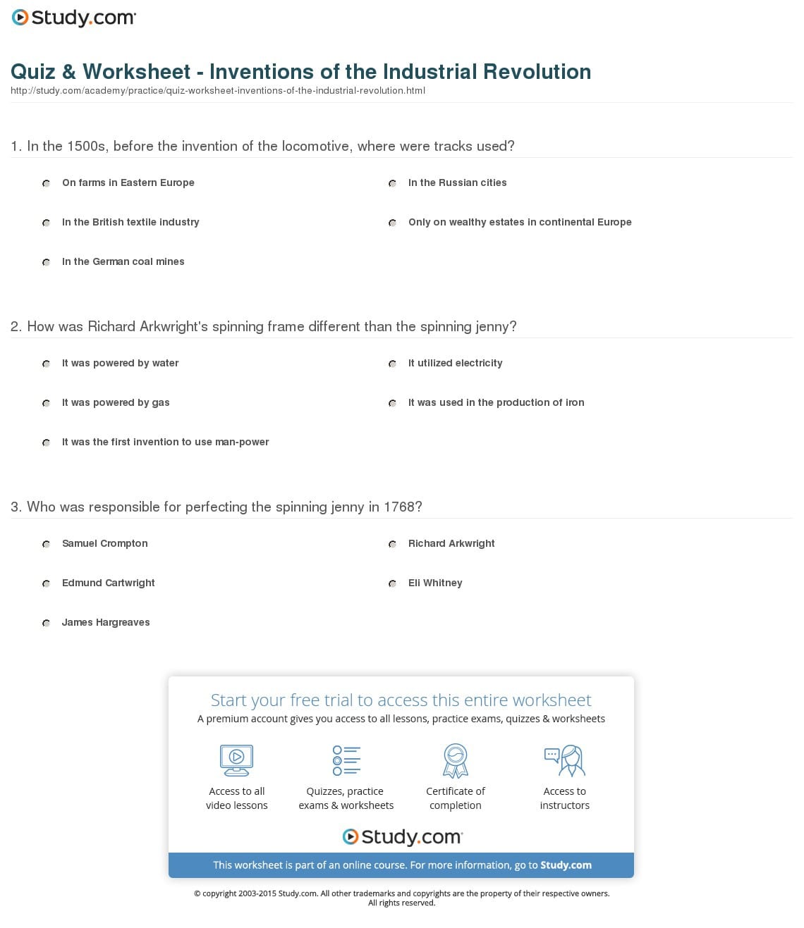 Quiz  Worksheet  Inventions Of The Industrial Revolution