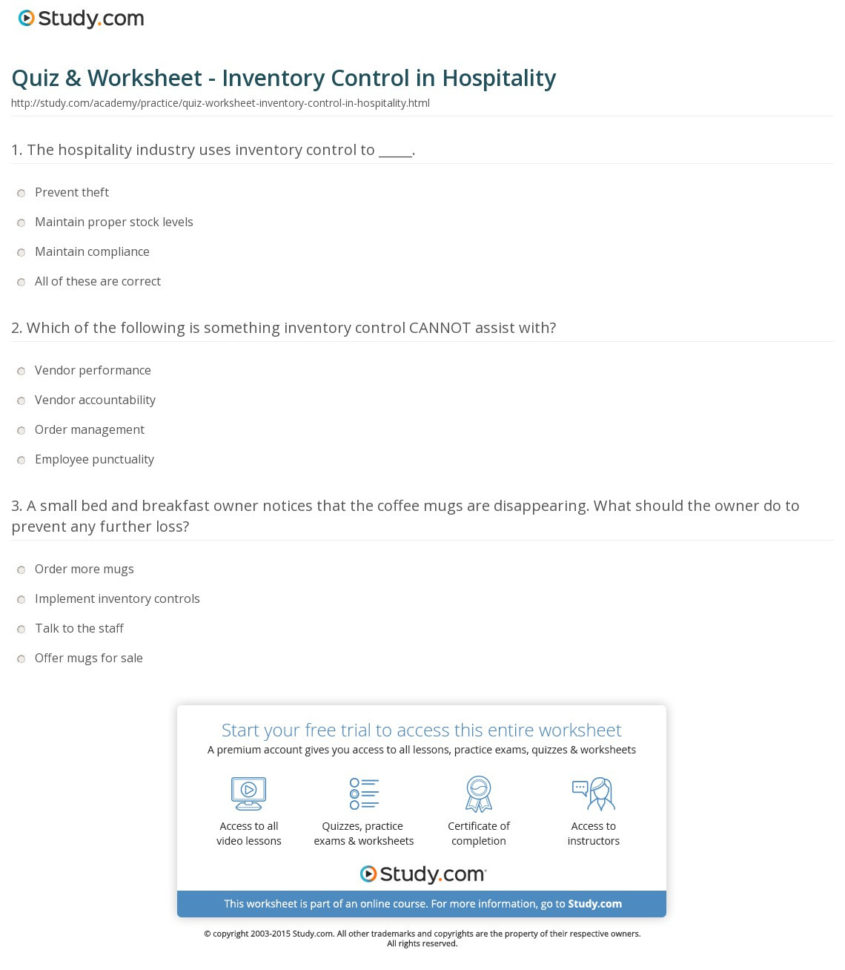 Quiz  Worksheet  Inventory Control In Hospitality  Study