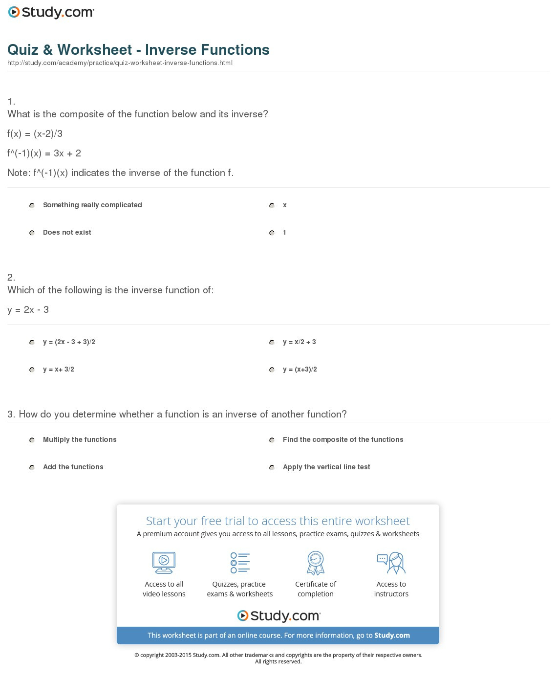 Quiz  Worksheet  Inverse Functions  Study