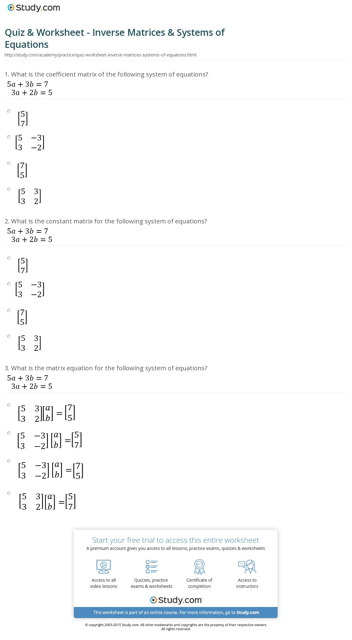 Quiz  Worksheet  Inverse Matrices  Systems Of Equations