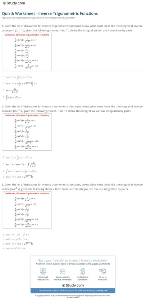 Quiz  Worksheet  Inverse Trigonometric Functions  Study