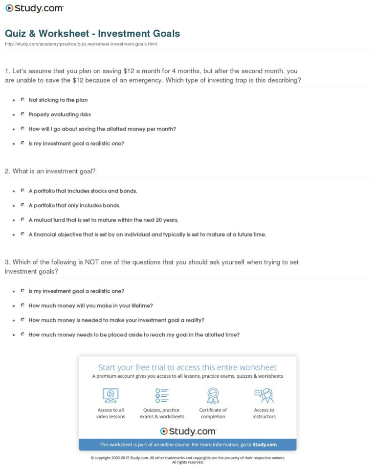 Quiz  Worksheet  Investment Goals  Study