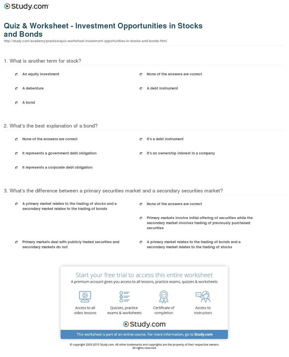 Quiz  Worksheet  Investment Opportunities In Stocks And