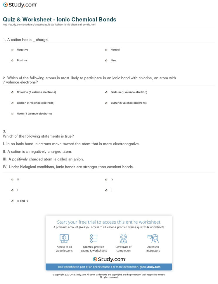 Quiz  Worksheet  Ionic Chemical Bonds  Study