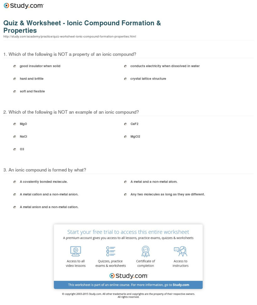 Quiz  Worksheet  Ionic Compound Formation  Properties