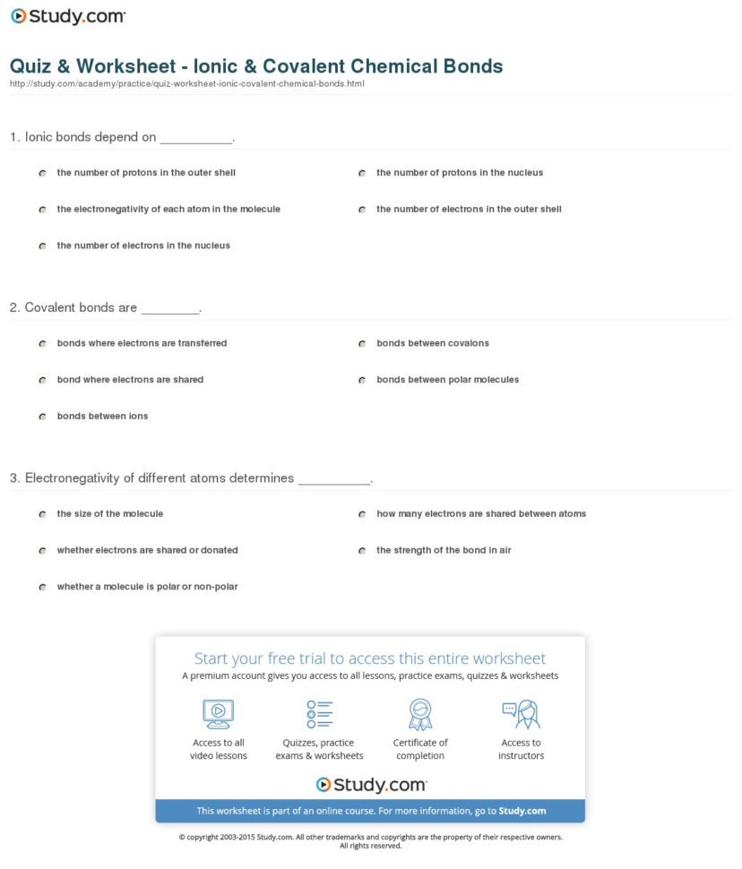 Quiz  Worksheet  Ionic  Covalent Chemical Bonds  Study