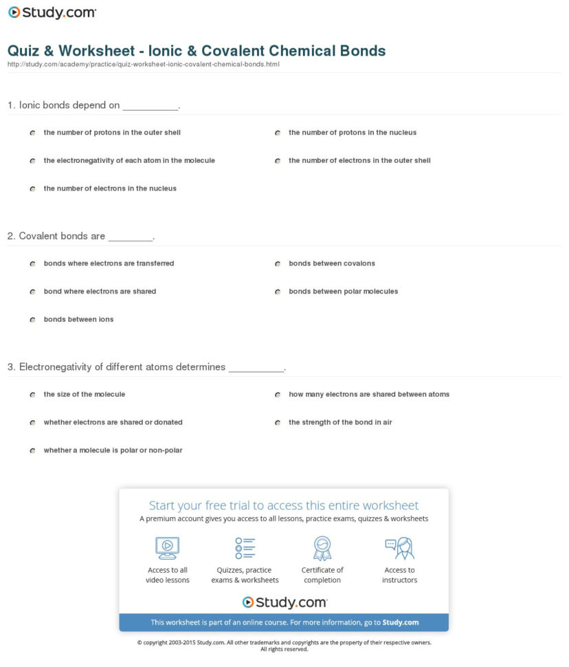 Quiz  Worksheet  Ionic  Covalent Chemical Bonds  Study