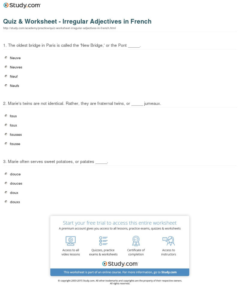 Quiz  Worksheet  Irregular Adjectives In French  Study