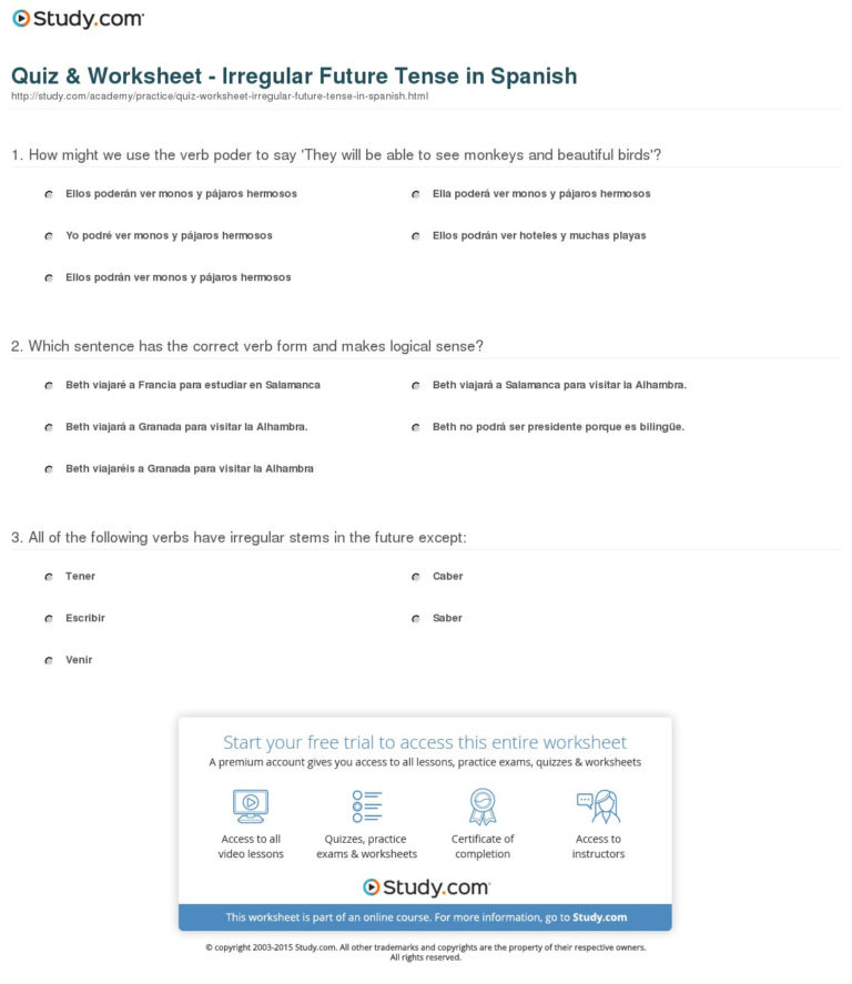 Quiz Worksheet Irregular Future Tense In Spanish Study — Db-excel.com