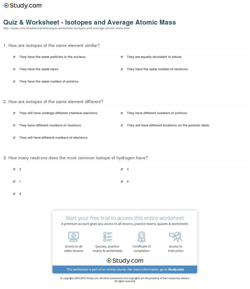 Quiz  Worksheet  Isotopes And Average Atomic Mass  Study