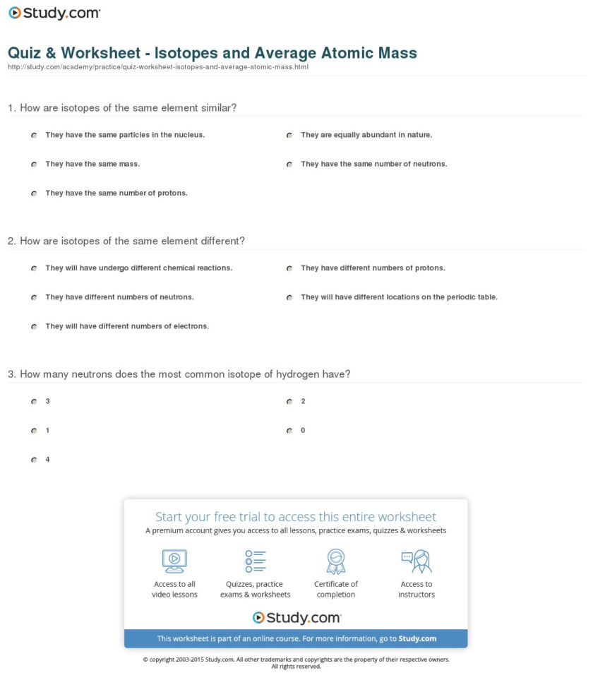 Quiz  Worksheet  Isotopes And Average Atomic Mass  Study