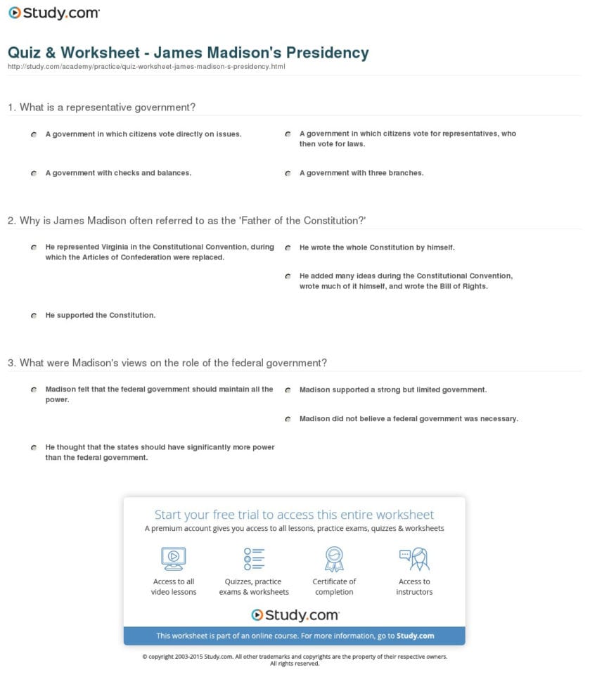 Quiz  Worksheet  James Madison's Presidency  Study