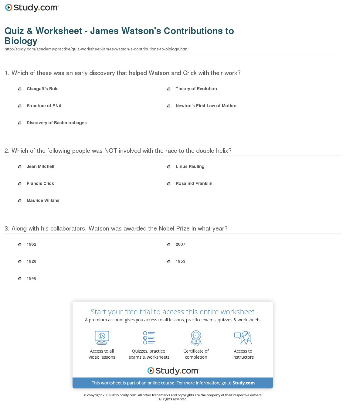 Quiz  Worksheet  James Tson's Contributions To Biology