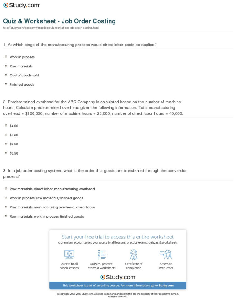 Quiz  Worksheet  Job Order Costing  Study