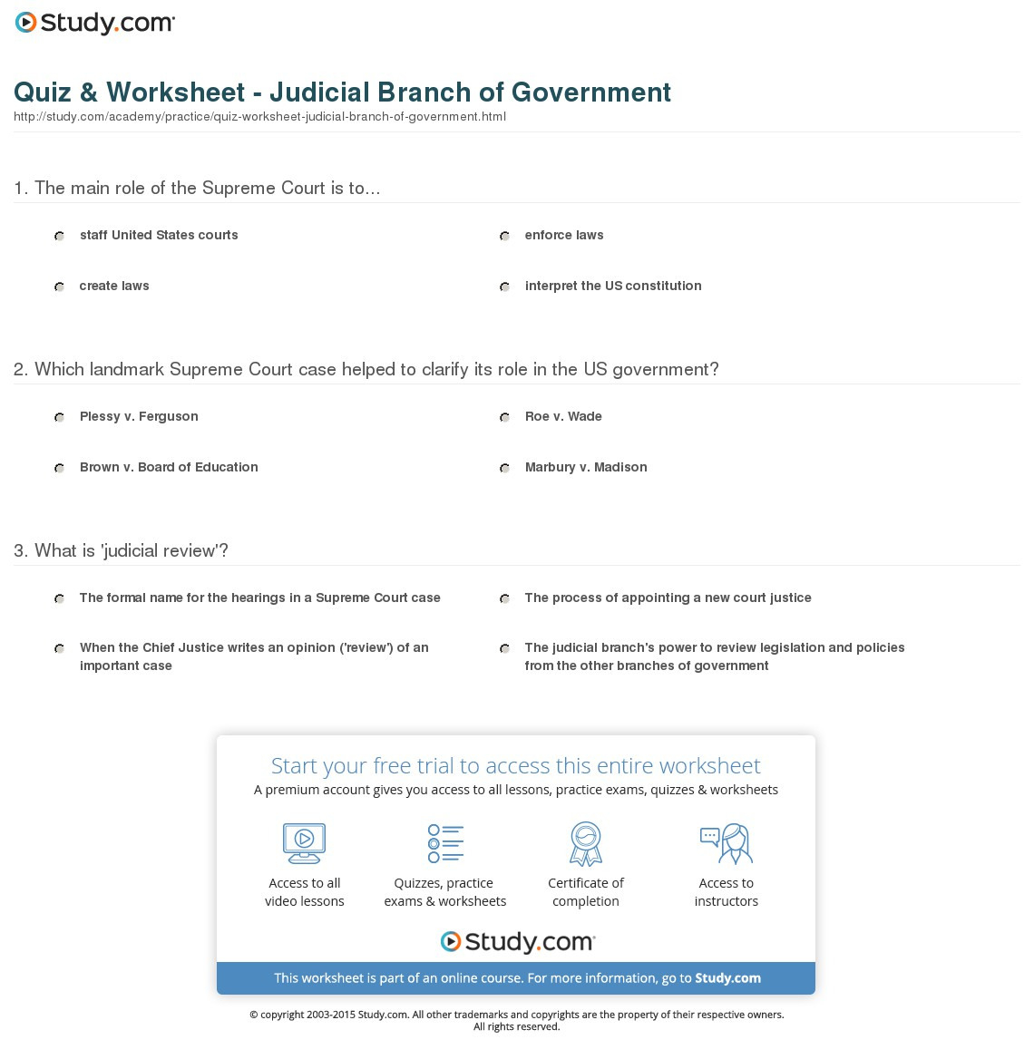 Quiz  Worksheet  Judicial Branch Of Ernment  Study