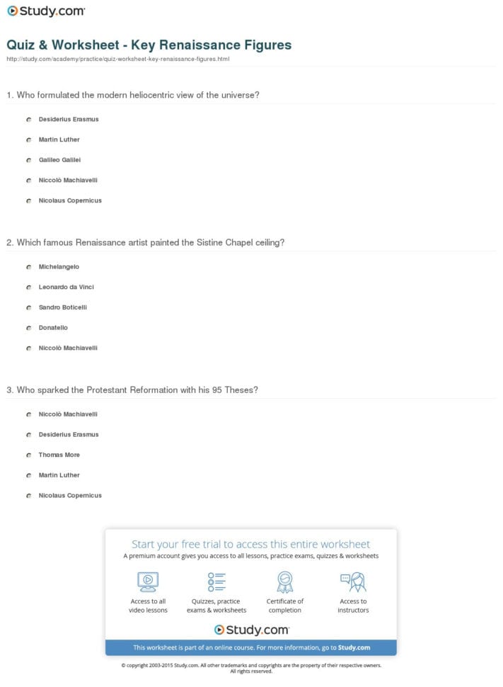Quiz  Worksheet  Key Renaissance Figures  Study