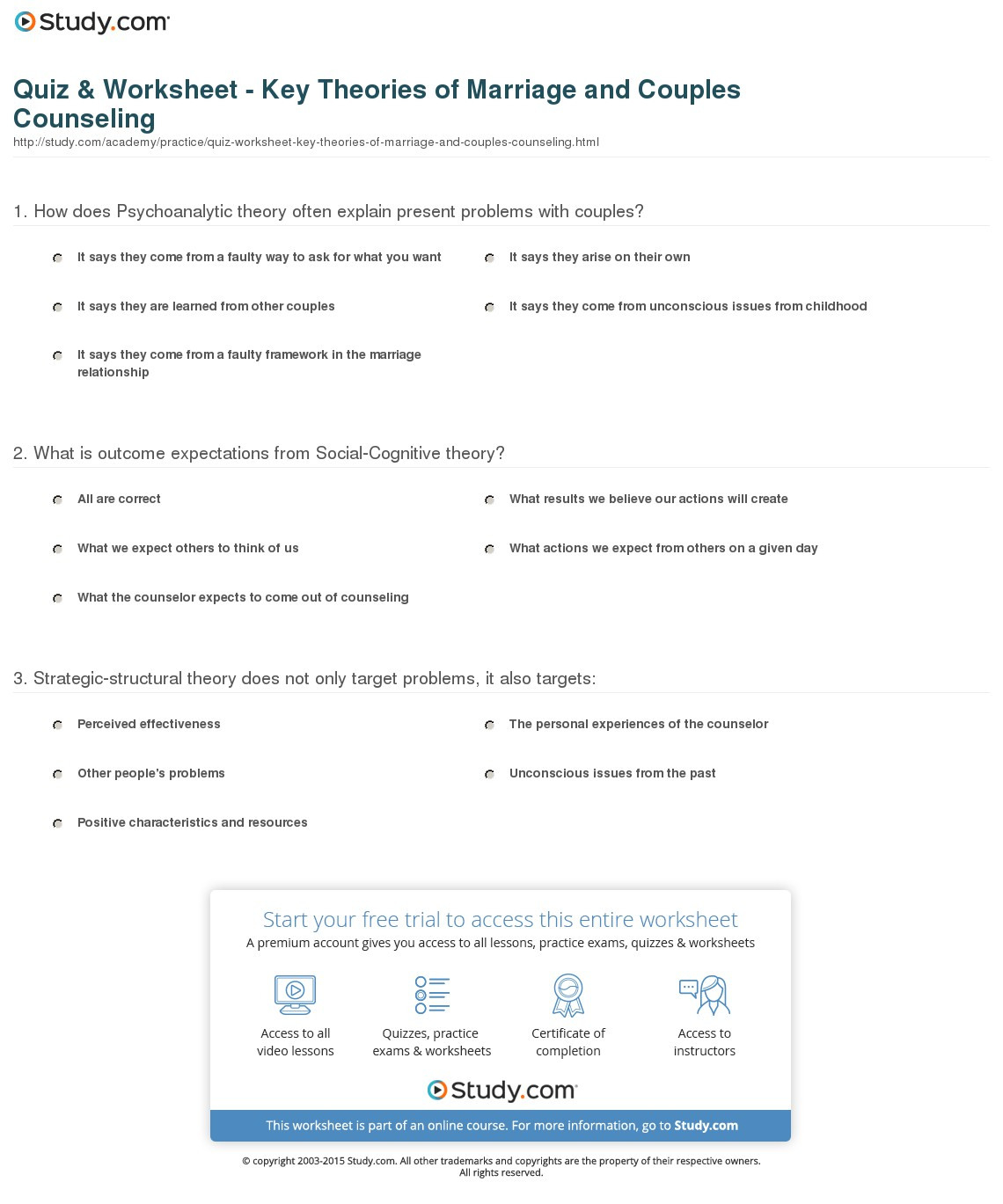 Quiz  Worksheet  Key Theories Of Marriage And Couples Counseling