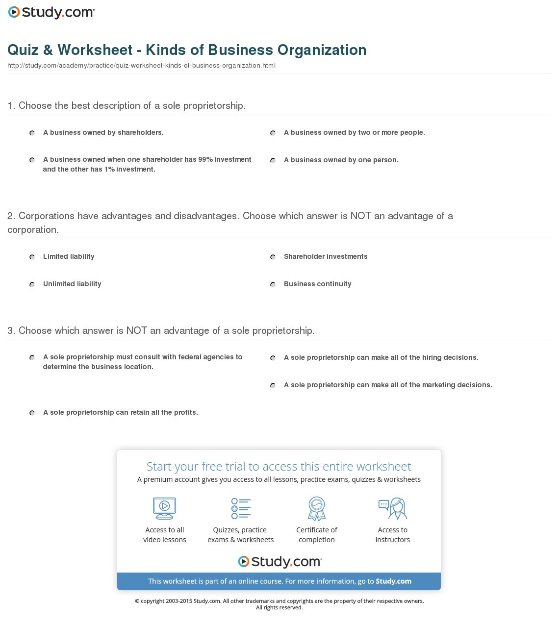 Quiz  Worksheet  Kinds Of Business Organization  Study