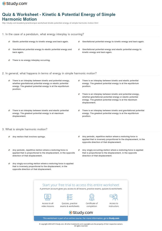 Quiz  Worksheet  Kinetic  Potential Energy Of Simple Harmonic