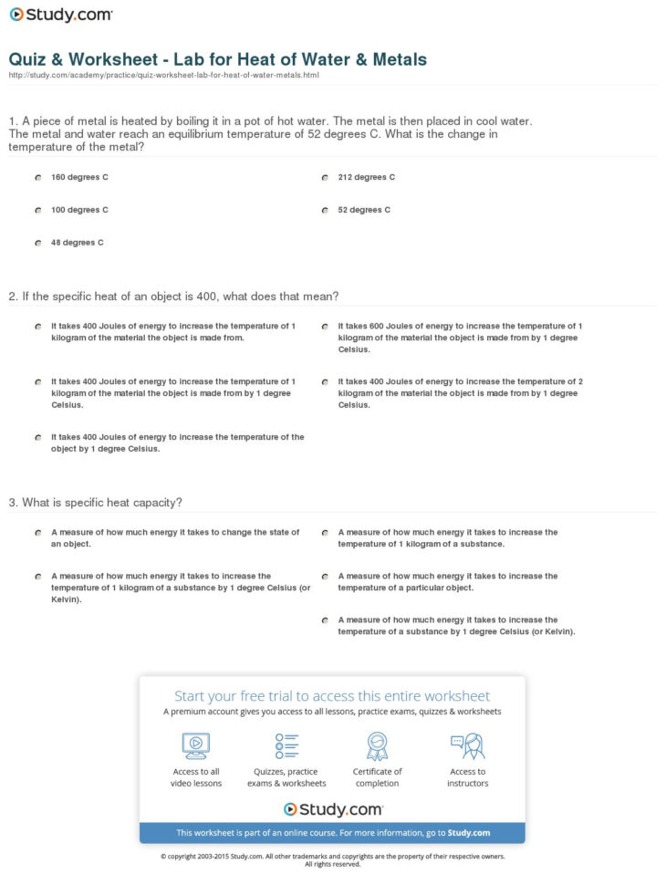 Quiz  Worksheet  Lab For Heat Of Ter  Metals  Study