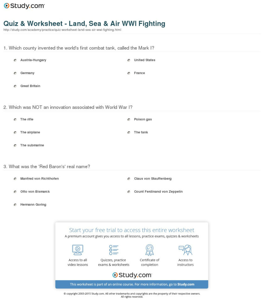 Quiz  Worksheet  Land Sea  Air Wwi Fighting  Study