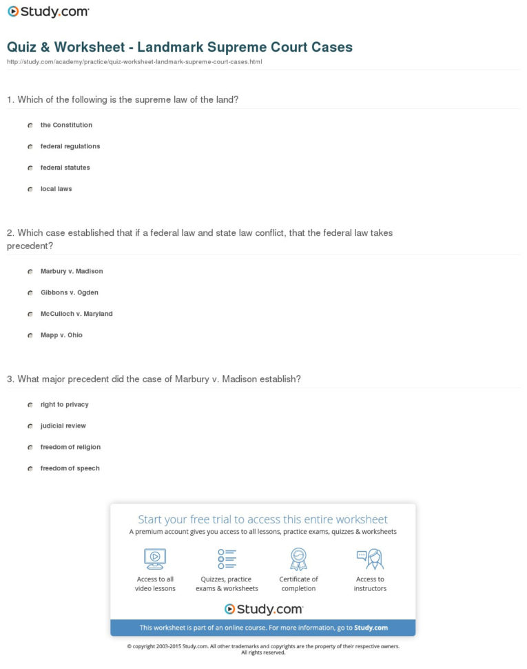 Quiz  Worksheet  Landmark Supreme Court Cases  Study