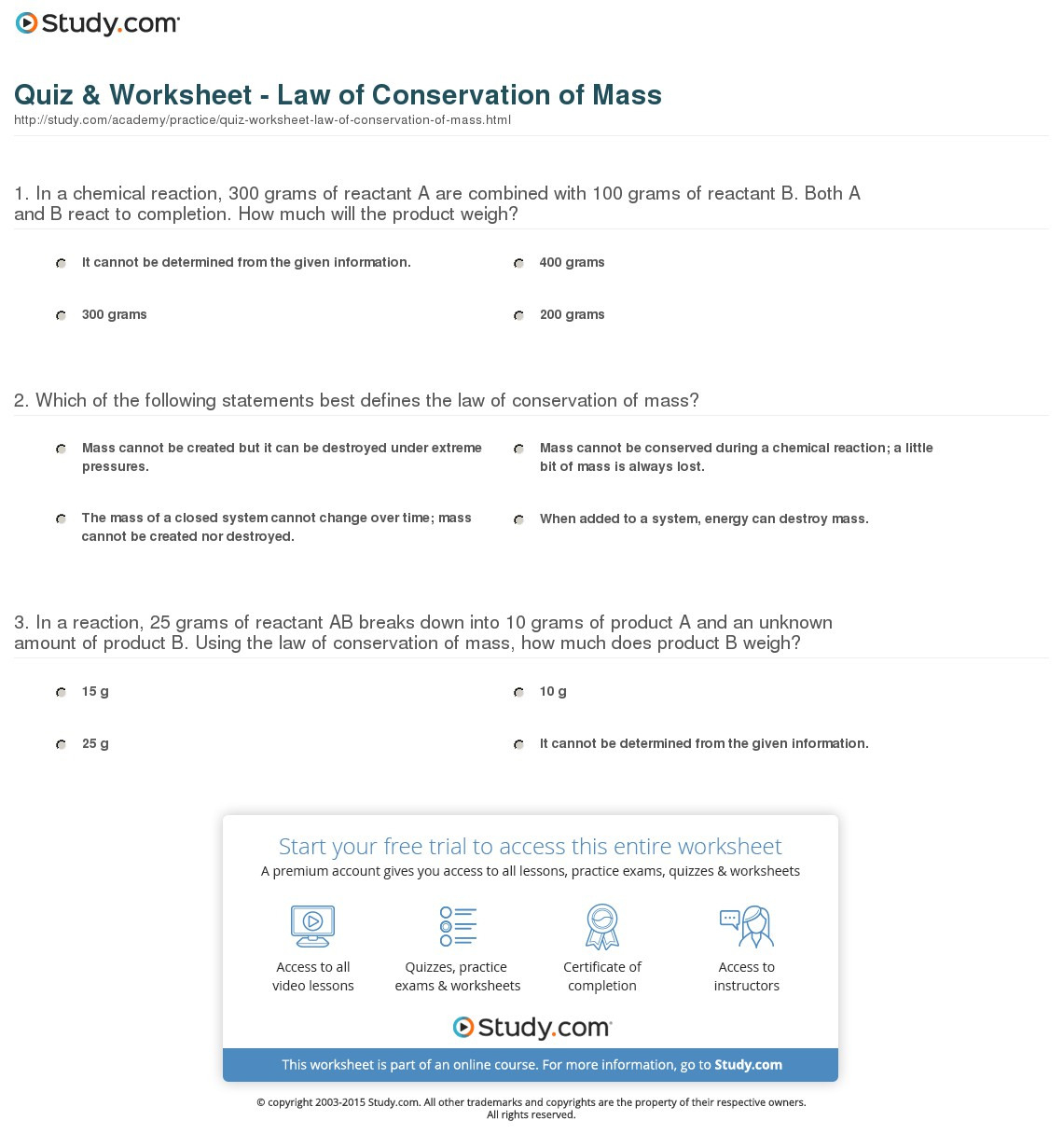 Quiz  Worksheet  Law Of Conservation Of Mass  Study