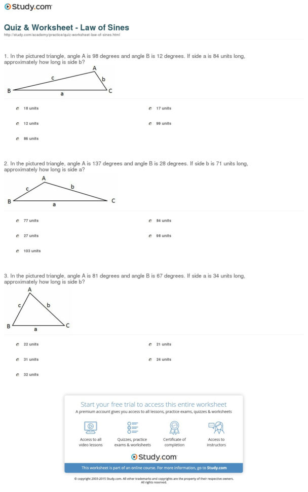 Quiz  Worksheet  Law Of Sines  Study