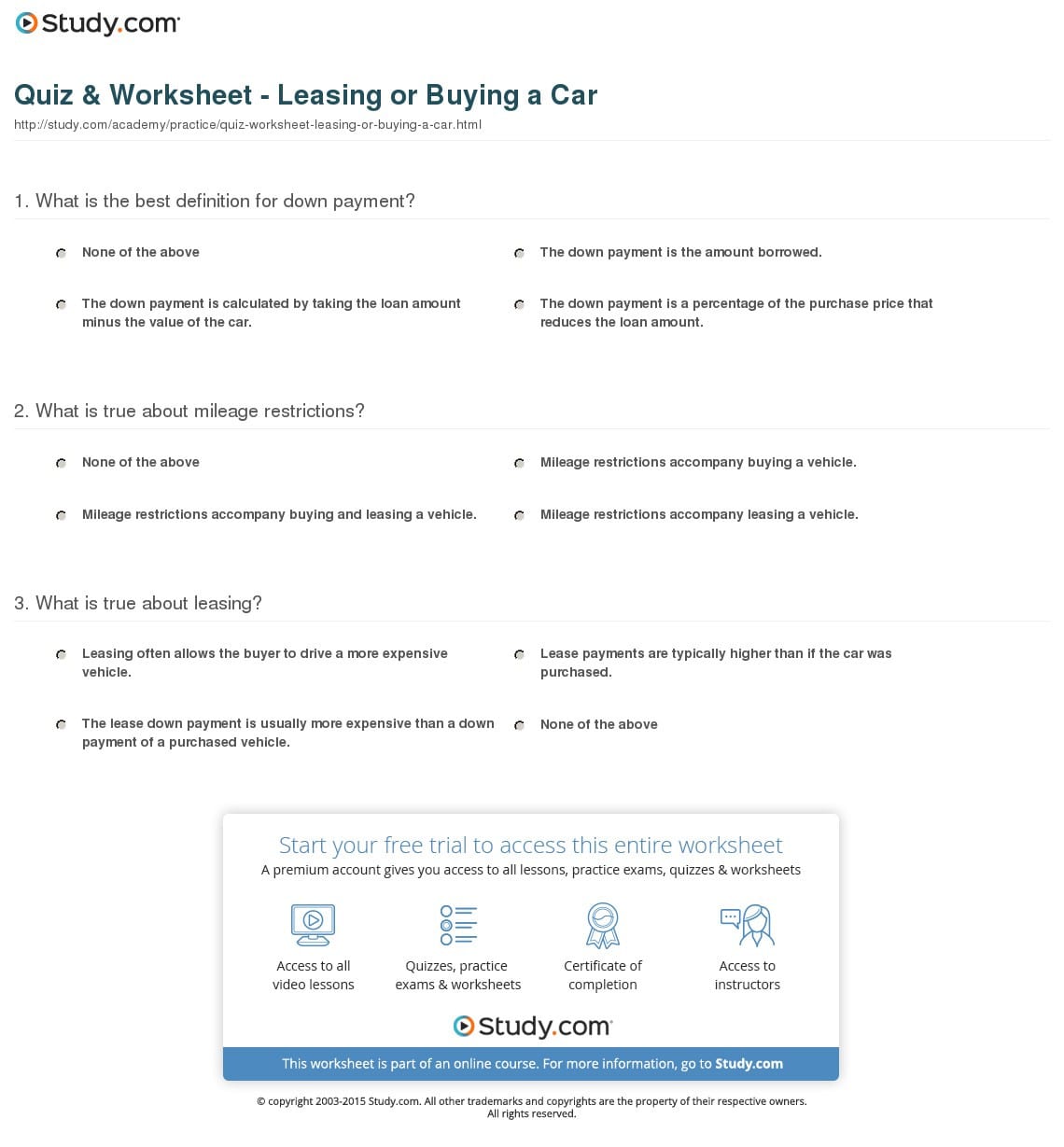 Quiz  Worksheet  Leasing Or Buying A Car  Study