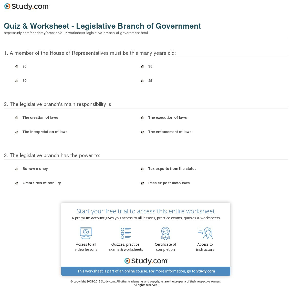 Quiz  Worksheet  Legislative Branch Of Ernment  Study