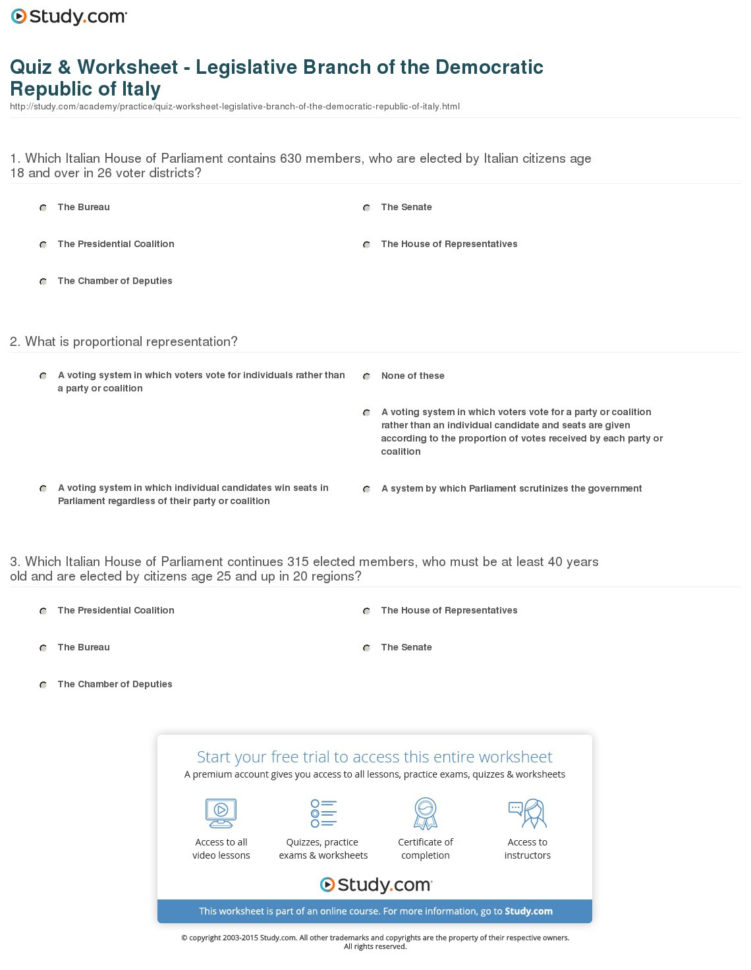Quiz  Worksheet  Legislative Branch Of The Democratic
