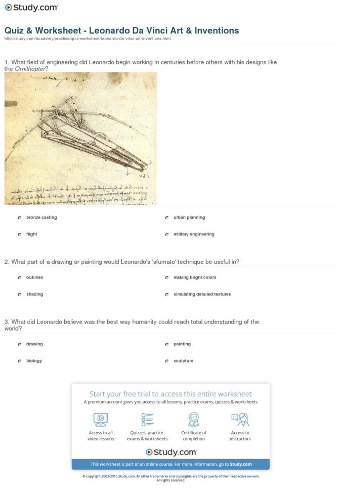 Quiz  Worksheet  Leonardo Da Vinci Art  Inventions