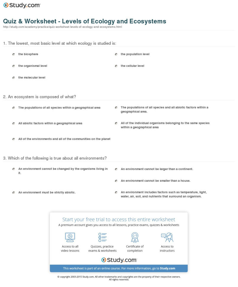 Quiz  Worksheet  Levels Of Ecology And Ecosystems  Study
