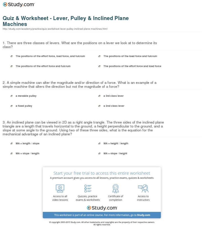 Quiz  Worksheet  Lever Pulley  Inclined Plane Machines