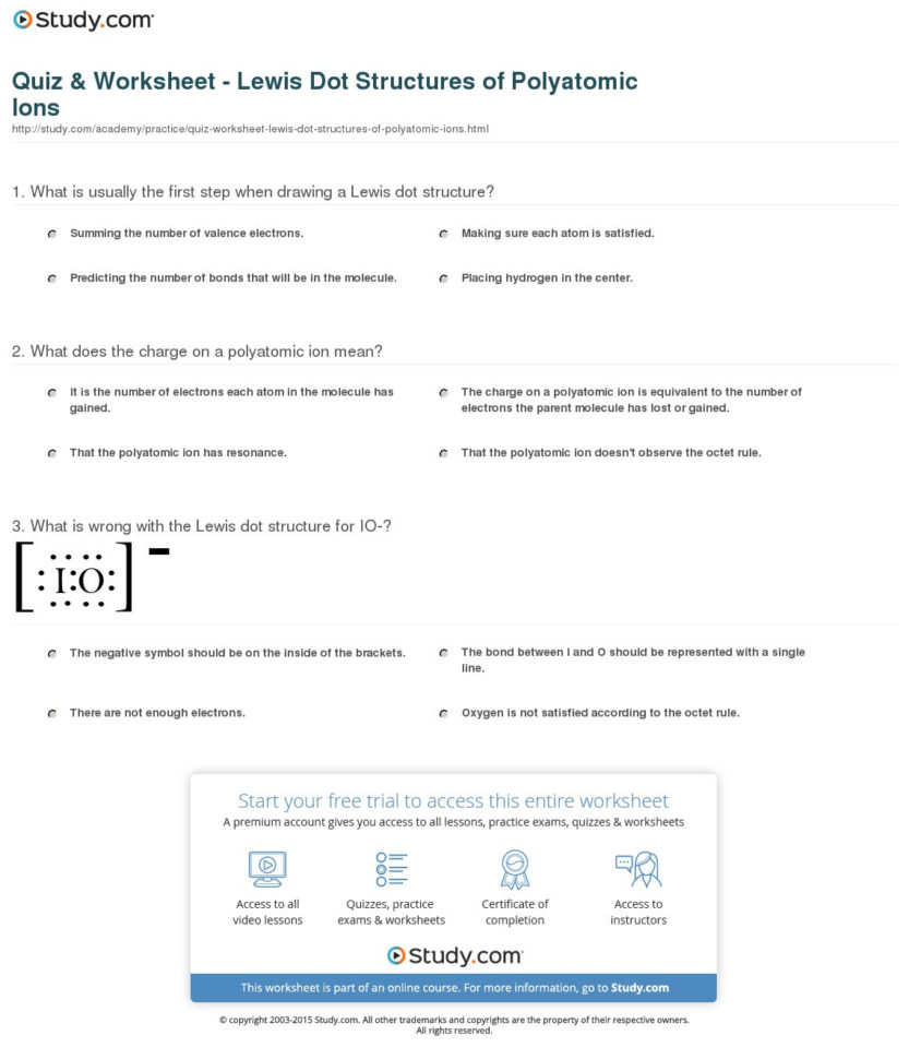 Quiz  Worksheet  Lewis Dot Structures Of Polyatomic Ions  Study