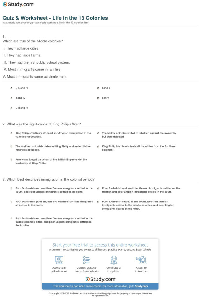 Quiz  Worksheet  Life In The 13 Colonies  Study